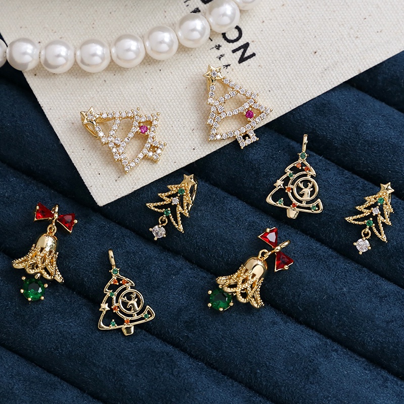 Mặt Dây Chuyền / Móc Chìa Khóa / Khuyên Tai Hình Cây Thông Giáng Sinh Bằng Đồng Mạ Vàng Handmade DIY