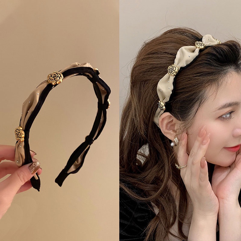 Băng Đô Cài Tóc Đính Hoa Trà Phong Cách Retro Thanh Lịch Thời Trang Thu Đông Kiểu Mới
