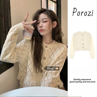 Porozi  Áo sweater Áo croptop dệt kim dáng ngắn phối tua rua phong cách Hàn Quốc thời trang cho nữ