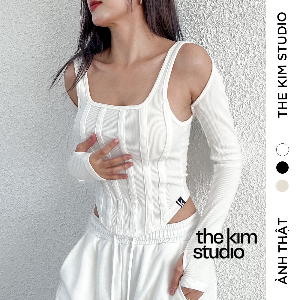 Set áo croptop len tăm dài tay kiểu corset , bộ 2 món thun hai dây cổ vuông và tay áo rời TheKim SA158