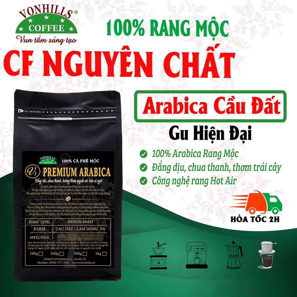 Cafe Nguyên Chất Arabica- mã sp V1 -VonHills Coffee - Gu Hiện Đại - Đắng nhẹ, 100% Rang Mộc, Tốt cho Sức Khỏe và Trí Não