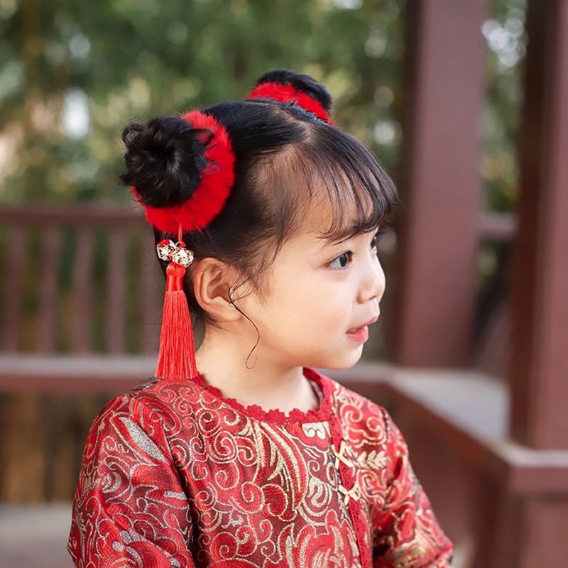 1 Cặp Dây Buộc Tóc Phủ Lông Màu Đỏ Phong Cách Trung Hoa Thời Trang Cho Nữ