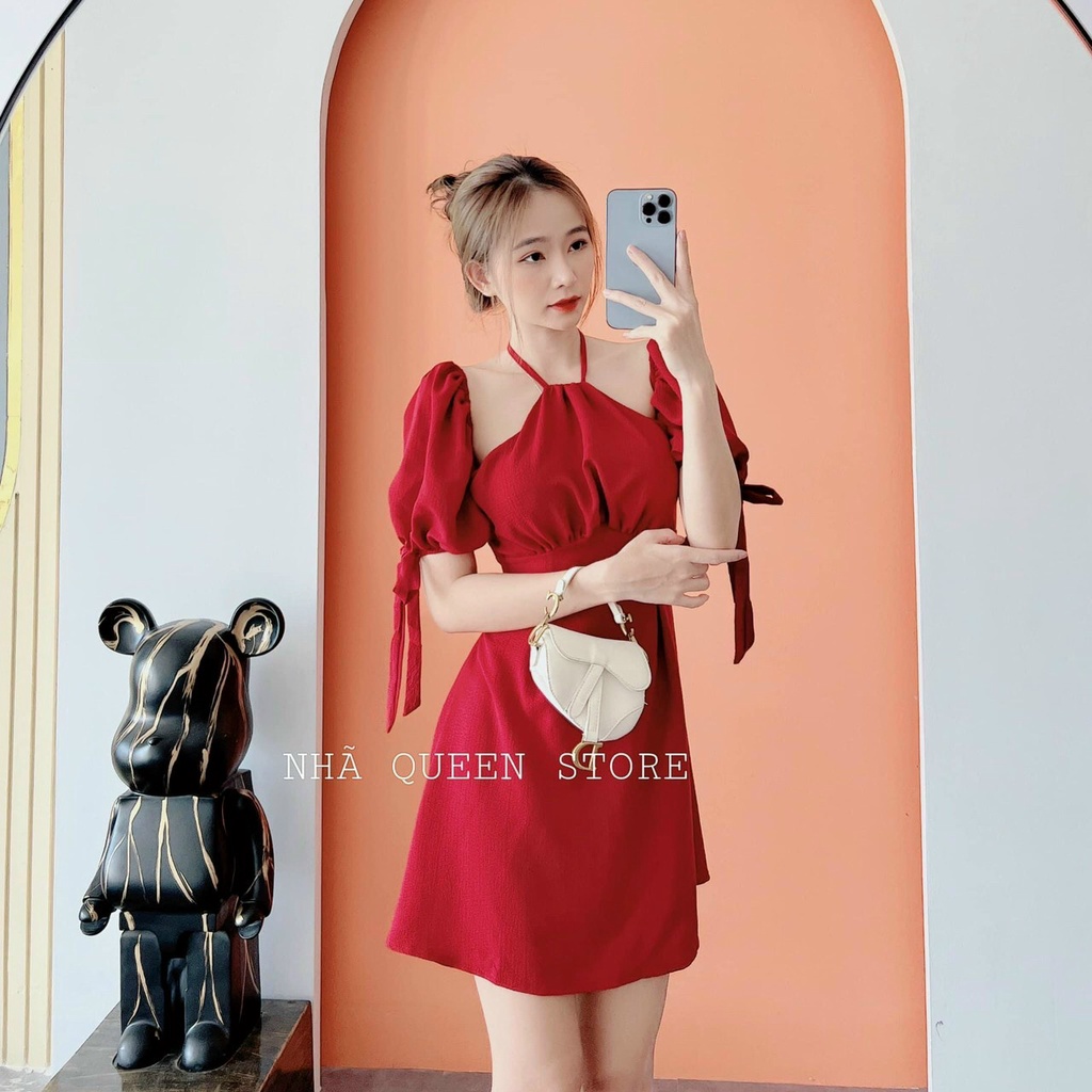 Đầm xòe cổ yếm tay cột nơ chất lụa nhung cao cấp đi tiệc,dạo phố,Noel,Tết siêu xinh