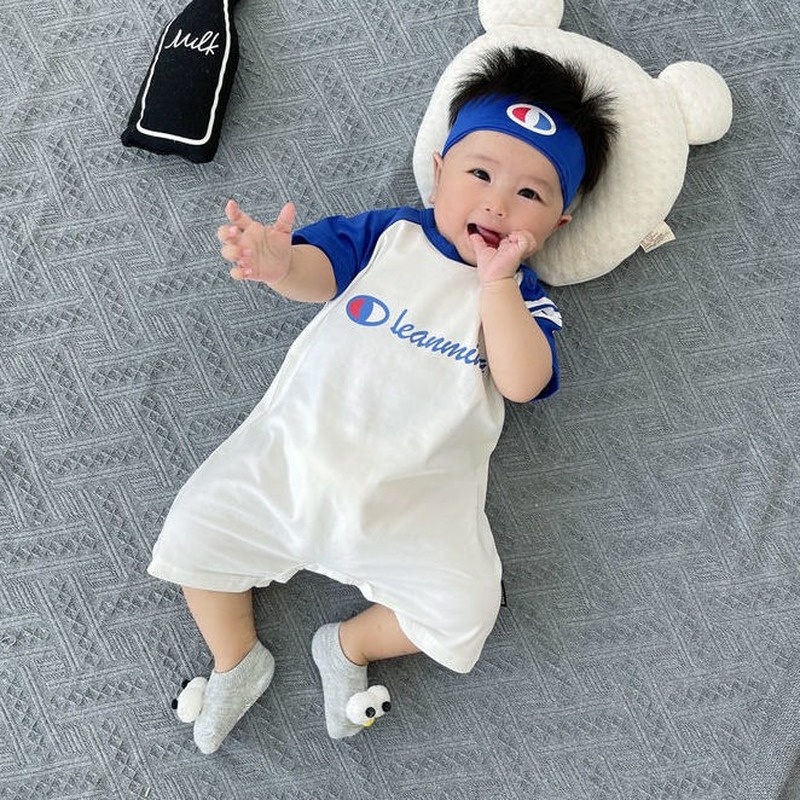 Bộ áo liền quần bằng cotton nguyên chất tay ngắn và băng đô dễ thương thời trang mùa hè cho bé sơ sinh