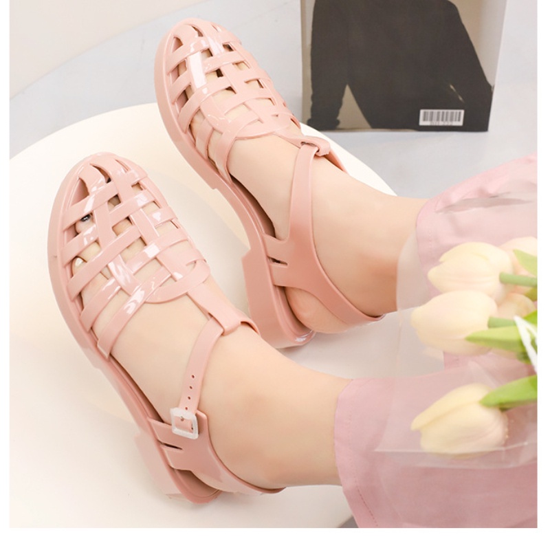 Xăng đan Nhựa Dẻo Đế Bằng Chống Trượt Chống Thấm Nước Phong Cách Vintage Thời Trang