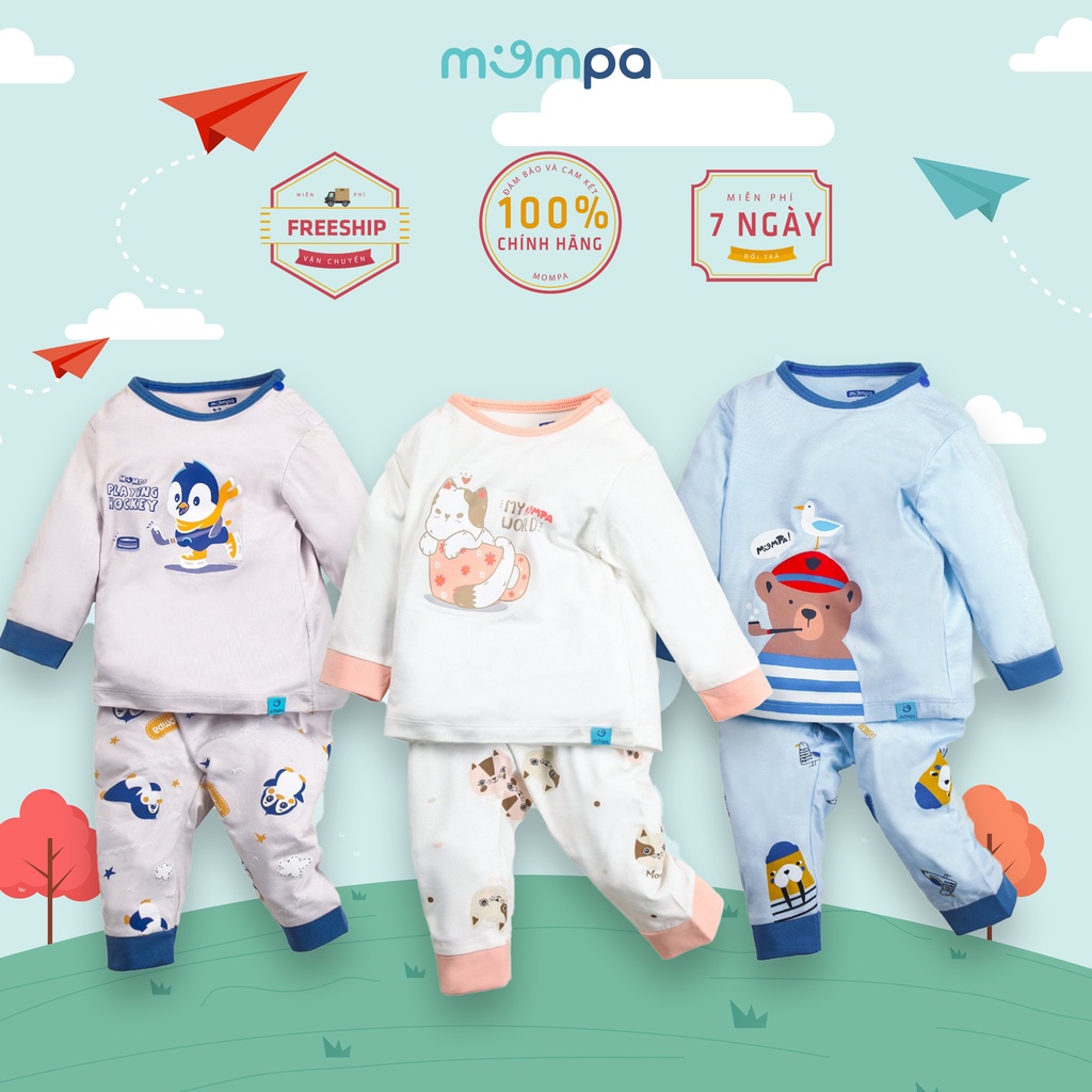 Bộ quần áo thu đông trẻ em Mompa từ 6-48M dáng dài tay cài vai MOMPA MP301 - Chất liệu Bamboo thoáng mát