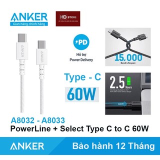 Cáp sạc Anker Type C to C 60W sạc nhanh bọc dù Powerline Select - A8032 A803 dài 0.9 Mét 1.8 Mét HD Store