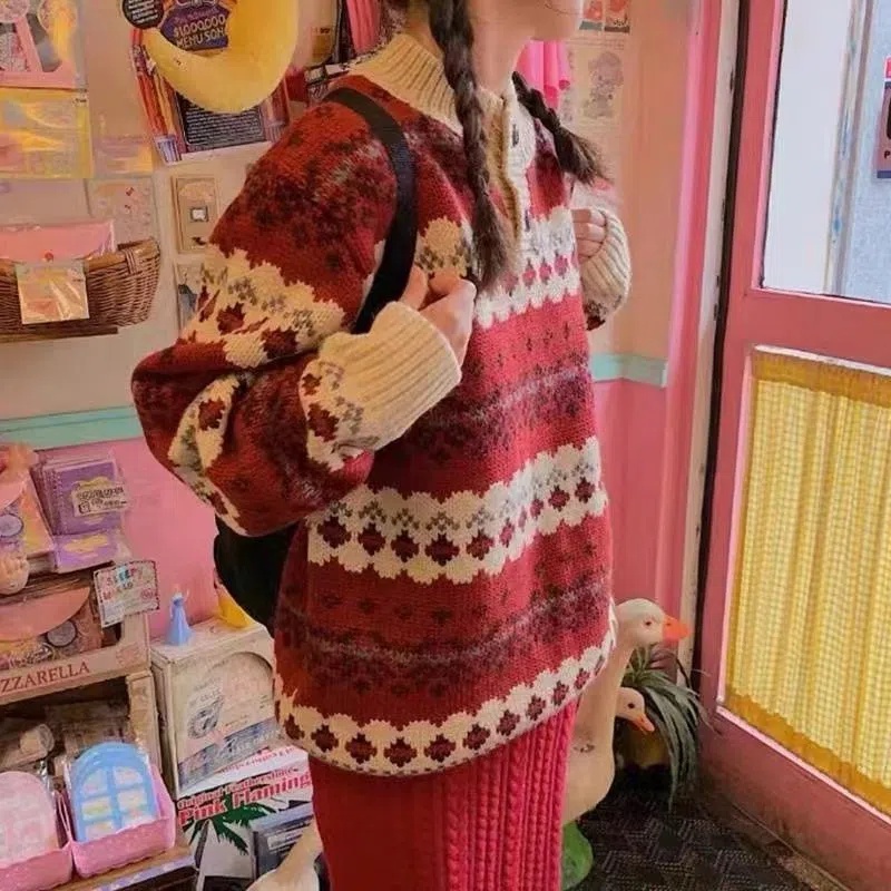 IELGY Áo Sweater Tay Dài Cổ Tròn Màu Đỏ Phong Cách Giáng Sinh Cho Nữ