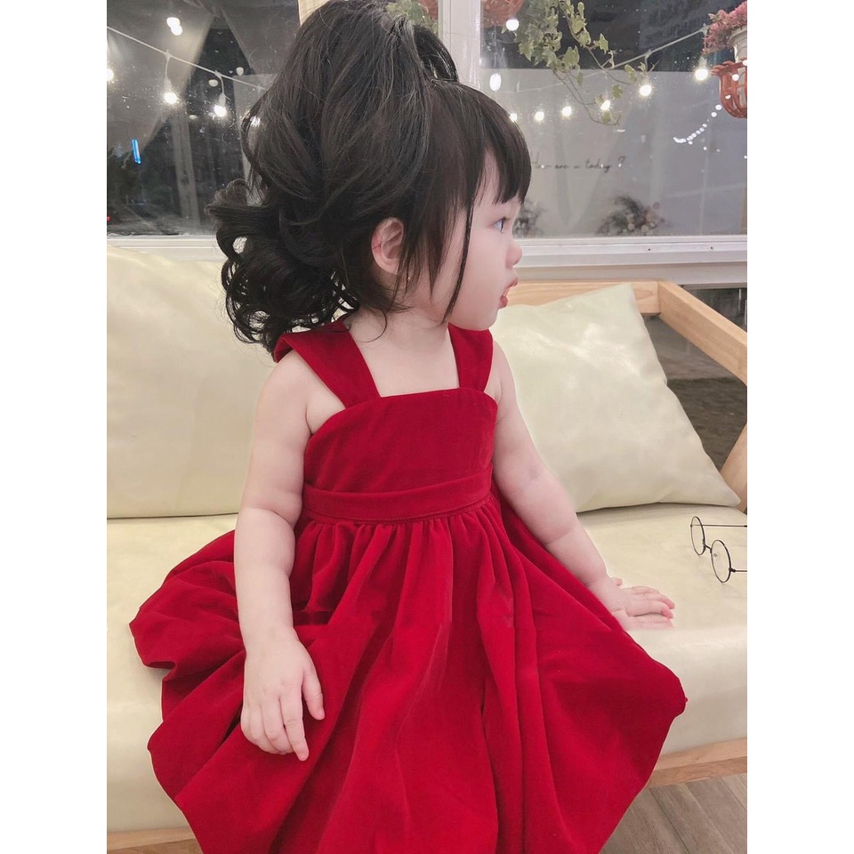 Váy đầm nhung đỏ 2 dây bản to cho bé gái 10-25kg