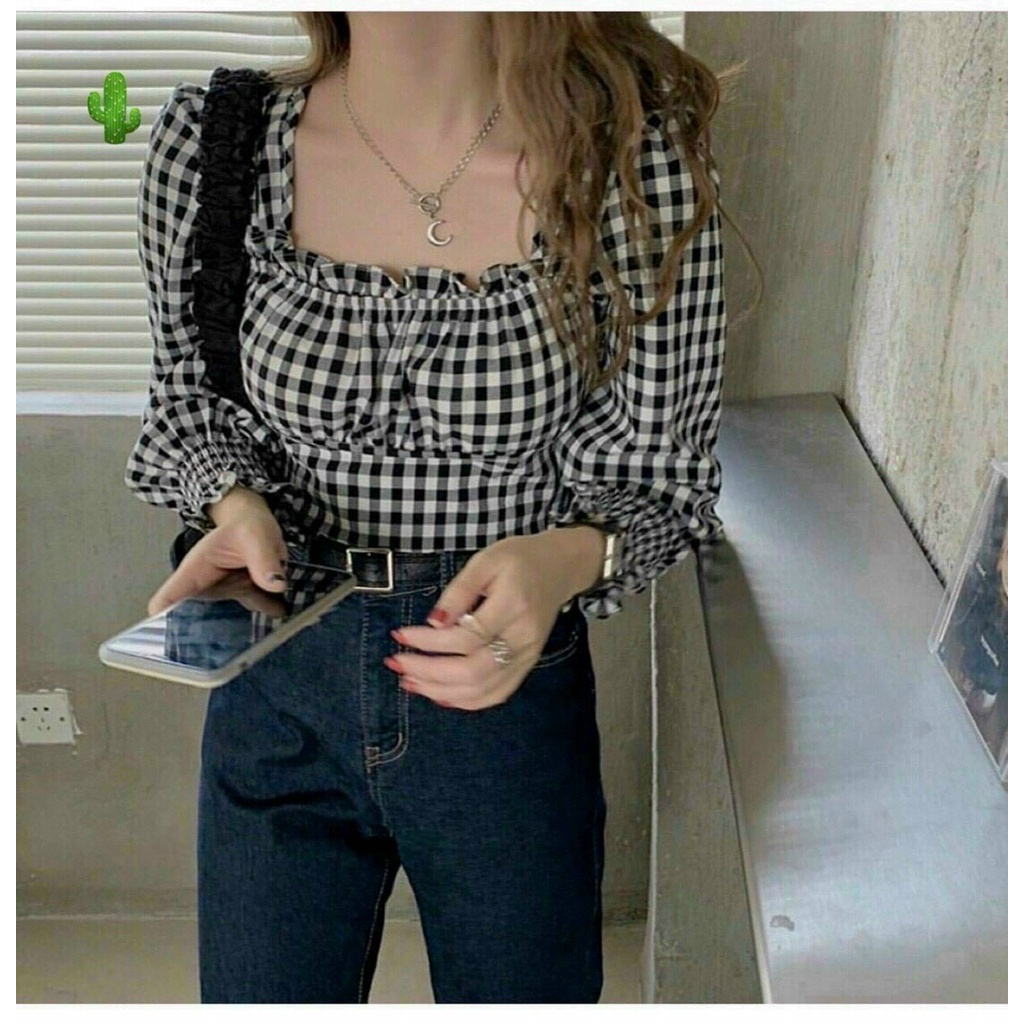 áo kiểu cổ vuông nhúm tay dài hở lưng v cột dây xinh mềm mịn