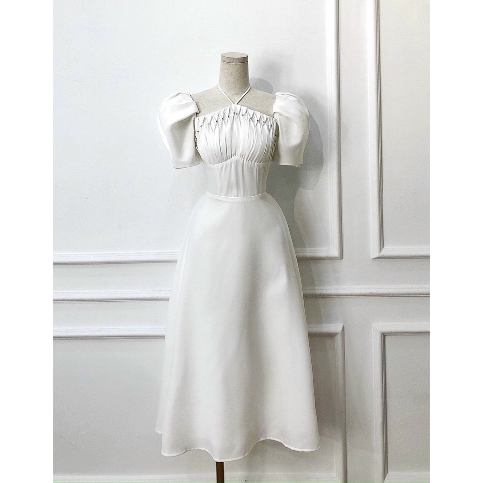 Đầm cổ yếm nhíu xếp - tay phồng, chất cotton gân, hàng may 2 lớp  xịn sò chuẩn cao cấp