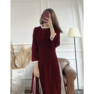 Áo Dài Cách Tân Nhung Màu Đỏ Đô