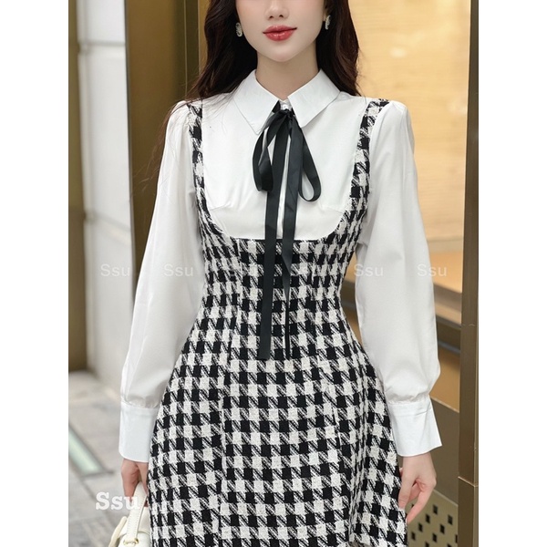 Đầm xòe nữ phối sơ mi cổ nơ phong cách Hàn Quốc, váy dáng A siêu xinh