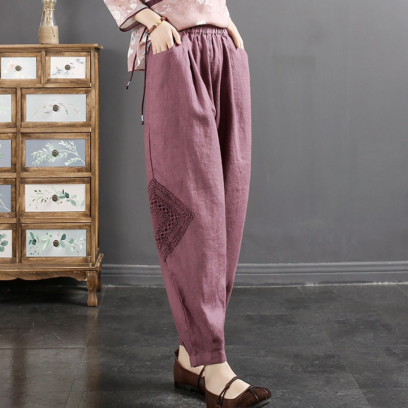 Quần Cotton Nguyên Chất Cỡ Lớn Phối Ren Phong Cách Retro Nghệ Thuật Mùa Hè Hàng Mới Pa