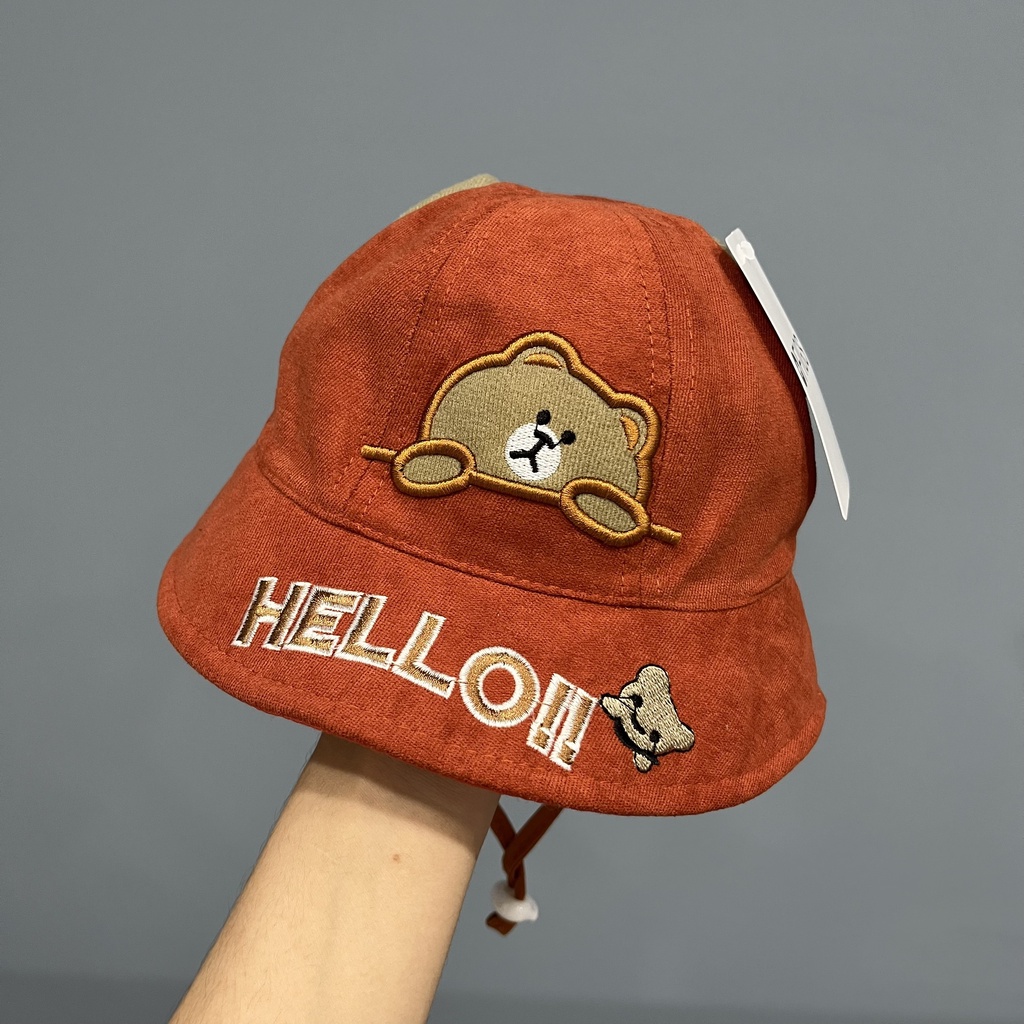 Mũ tai bèo họa tiết chú gấu hello phong cách Hàn Quốc thời trang dễ thương cho bé xanh vàng kem cam đỏ