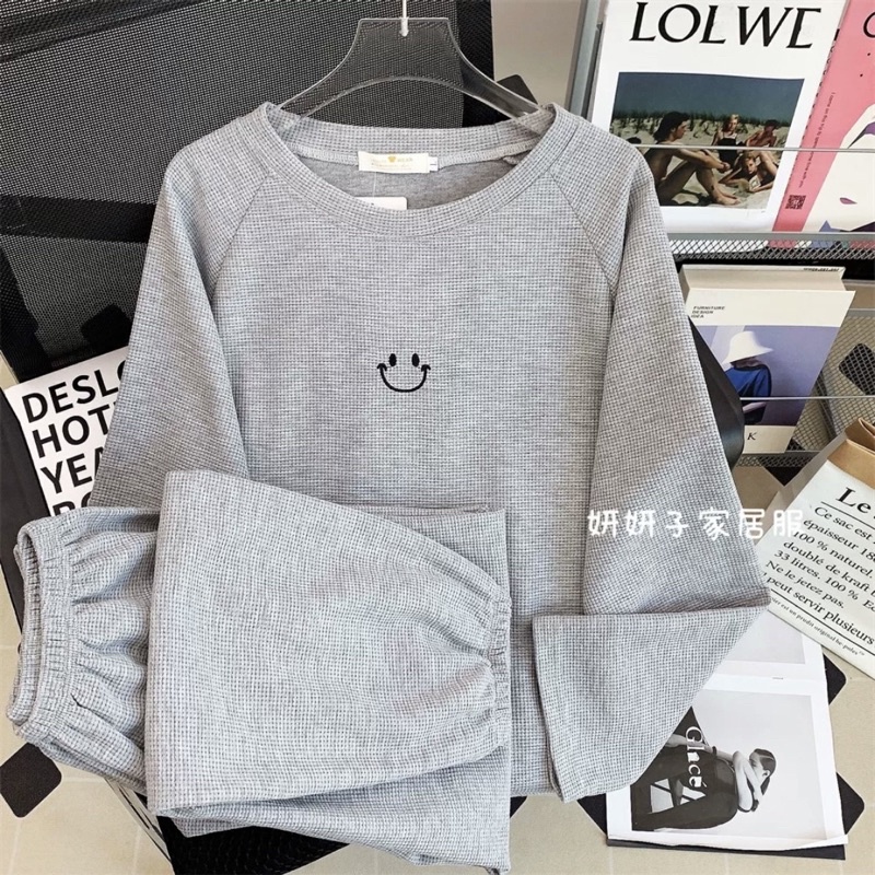 Set bộ đồ nỉ len tăm unisex mặc đôi nam nữ phom rộng mặc nhà đi học