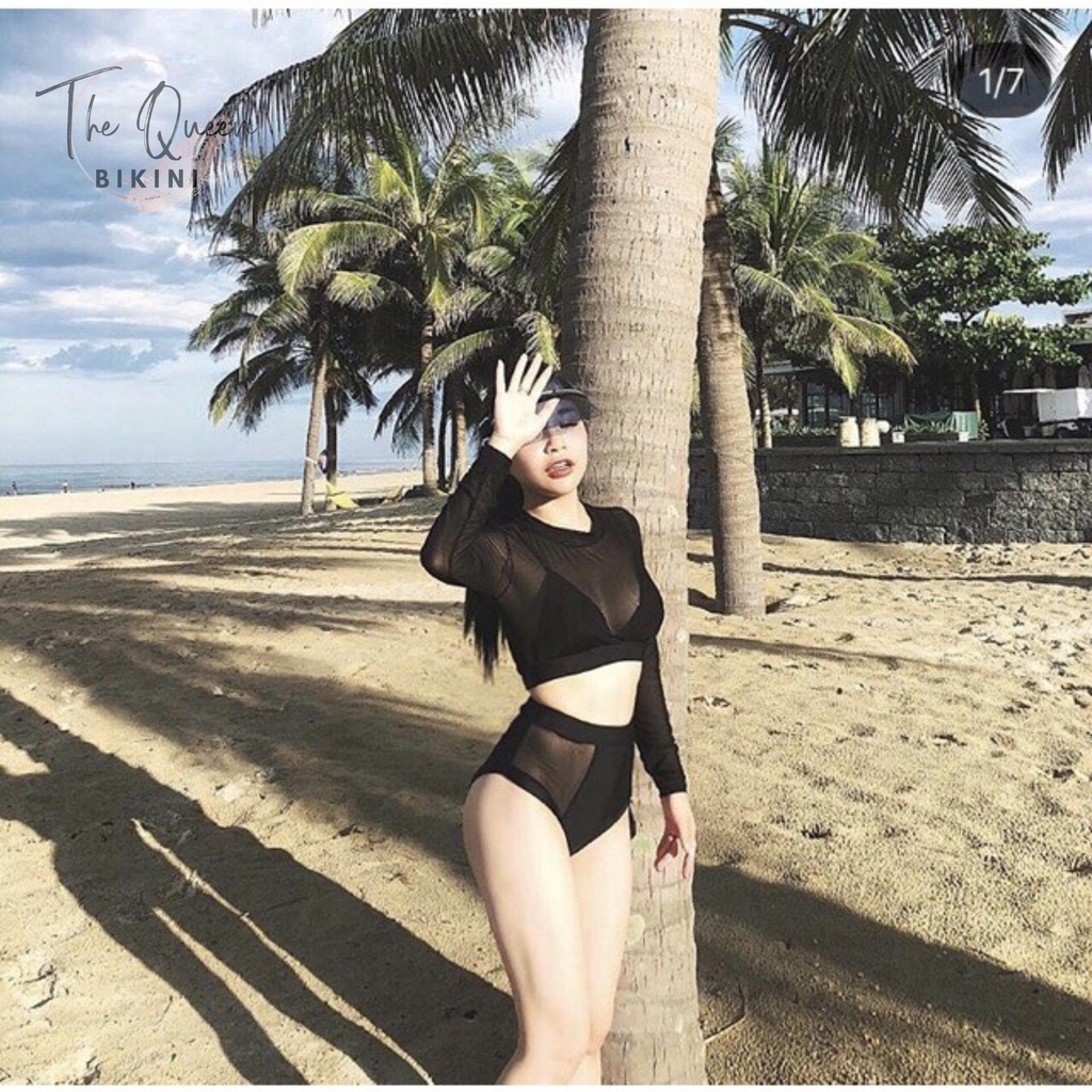 Bikini đồ bơi đi biển hai mảnh kín đáo dài tay phối lưới - The Queen Bikini 027 | BigBuy360 - bigbuy360.vn