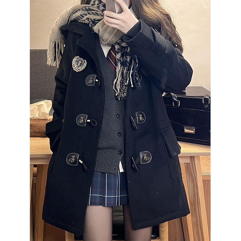 Jk Girls Preppy Áo Khoác Len Đen Dài Ngang Gối Có Mũ Trùm Cài Nút Sừng Phong Cách Preppy Mùa Đông