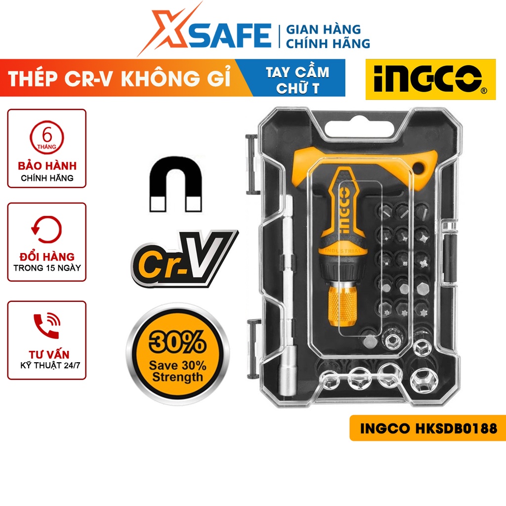 Bộ tua vít tay cầm chữ T INGCO HKSDB0188 24 chi tiết có nam châm đa năng, sửa điện thoại, máy tính - chính hãng