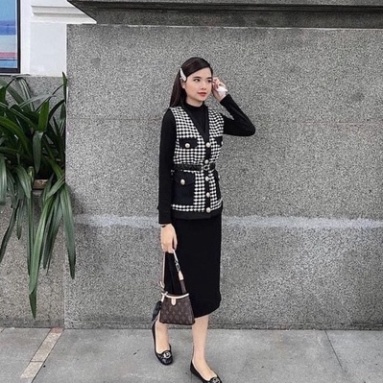 Set Váy Len Áo Gile Kèm Đai Siêu Dày Dặn