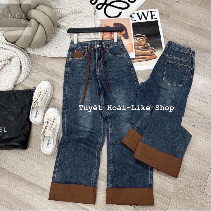 Quần bò jeans cạp cao vắn gấu phối màu nâu  QJ01