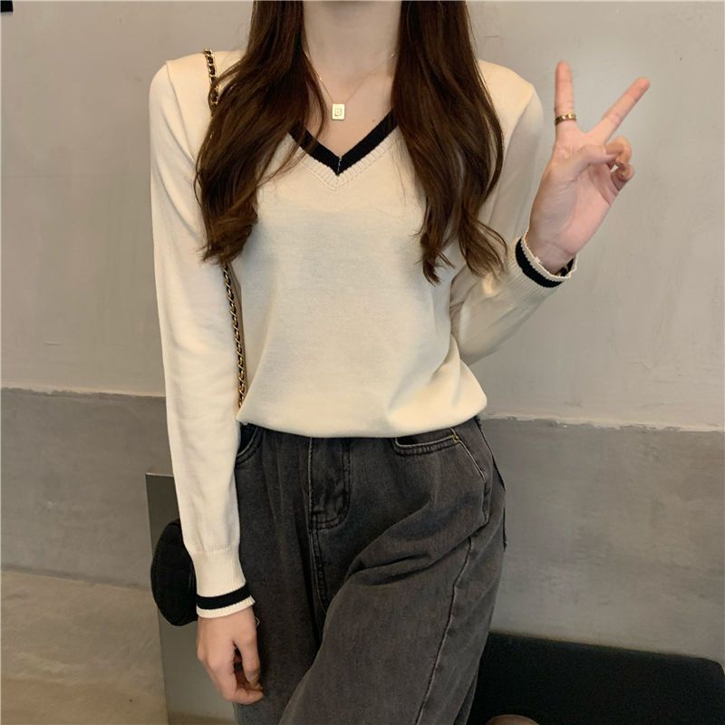 COZOK Áo Thun Ngắn Tay Dài Cổ Chữ V Màu Tương Phản Thời Trang