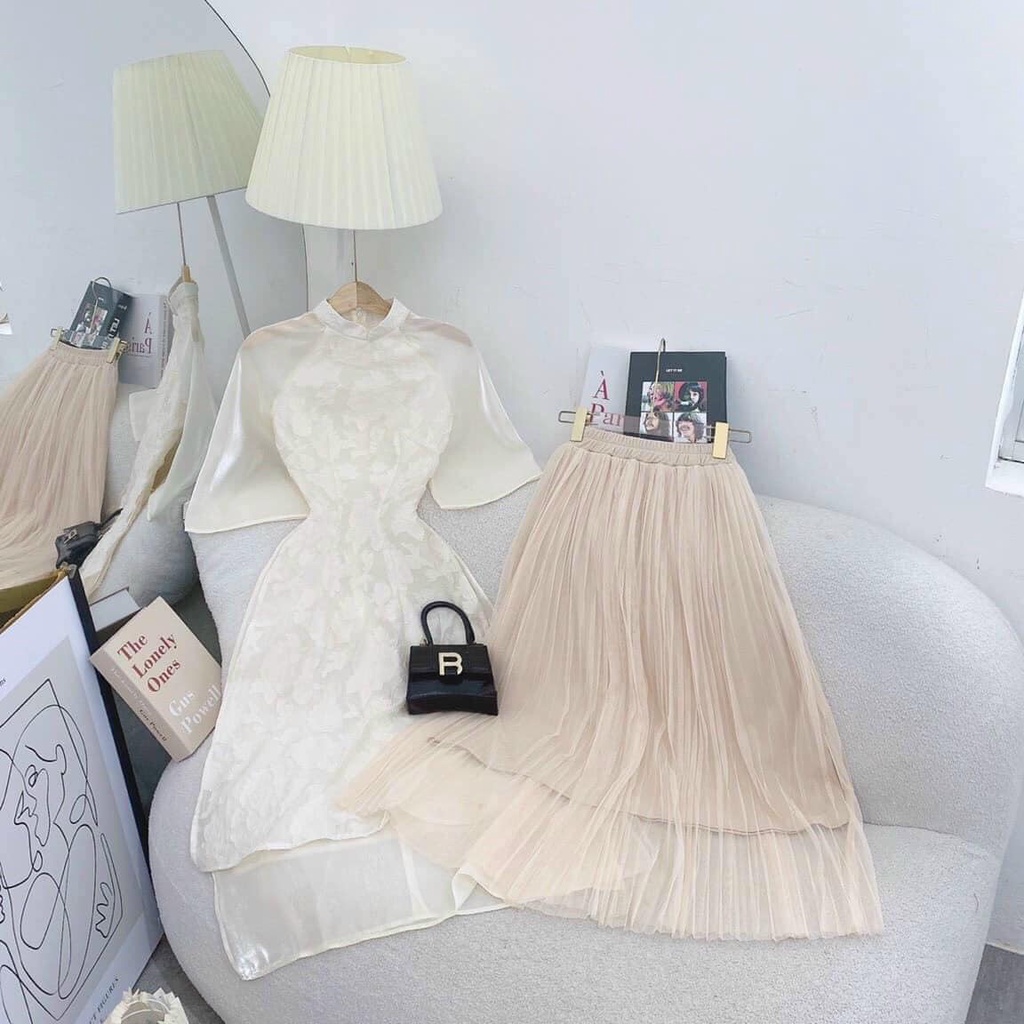 SET Áo Dài hoa nổi tay lỡ kèm Chân Váy midi nude dập ly diện Tết NÀNG CLOSET