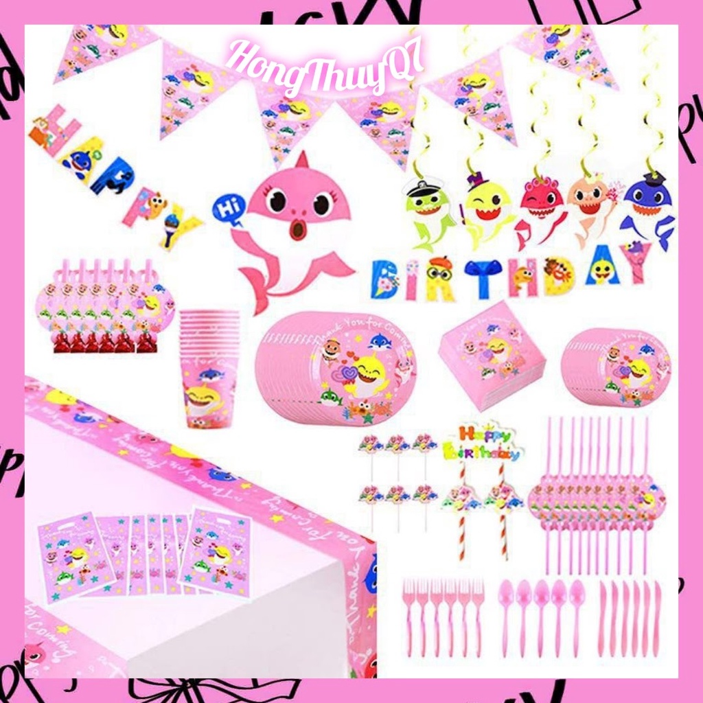 Combo phụ kiện sinh nhật cá mập màu hồng cute cho bé: dây cờ, dây chữ, ly dĩa, đĩa /14.21/ - Hong Thuy Q7