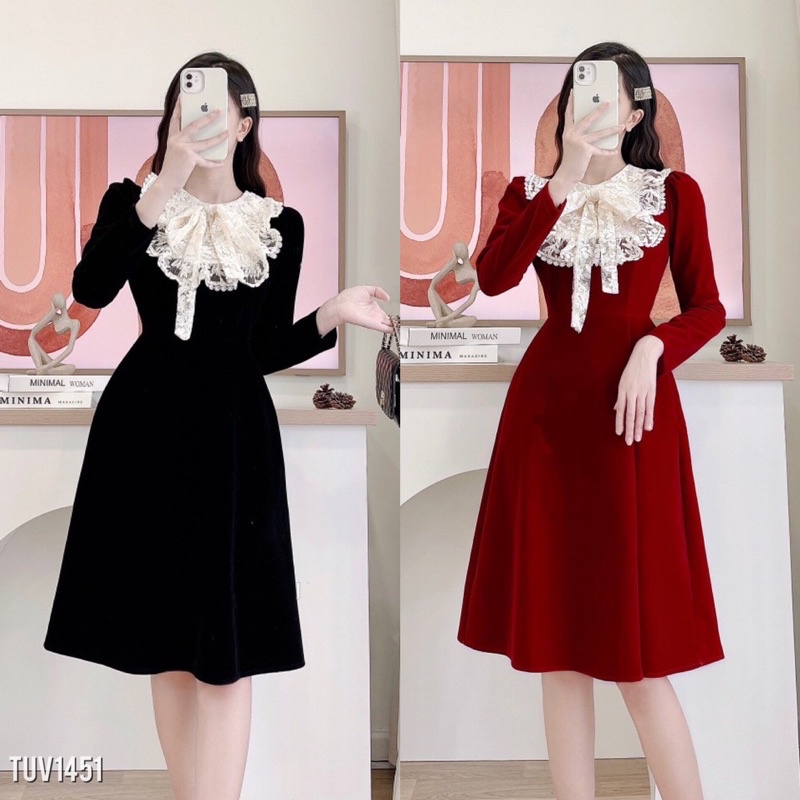 🔥🔥FREESHIP🔥VÁY NHUNG CỔ PHỐI REN NƠ SIÊU ĐẸP SỊN SÒ .KÈM ẢNH THẬT. Size S M