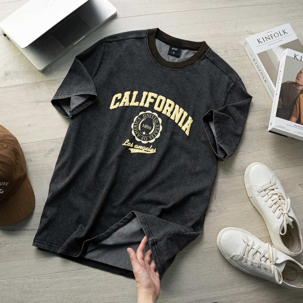 Áo thun thời trang nam, áo phông nam tay lỡ wash màu bụi cá, chất cotton dày mịn 1850