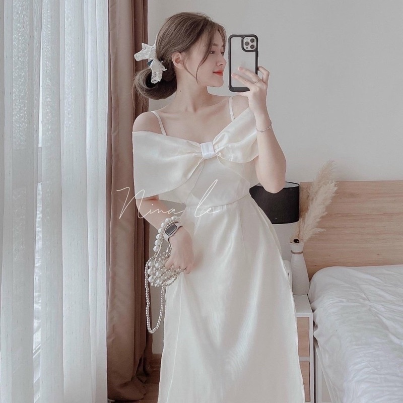 Sét áo dài cách tân màu trắng cao cấp kiểu hai dây trễ vai kết nơ cực xinh xắn cho nàng tự tin diện tết VIP19