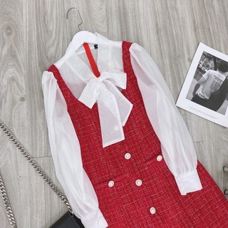 [Ảnh thật + video] Đầm dạ tweed đỏ phối tơ