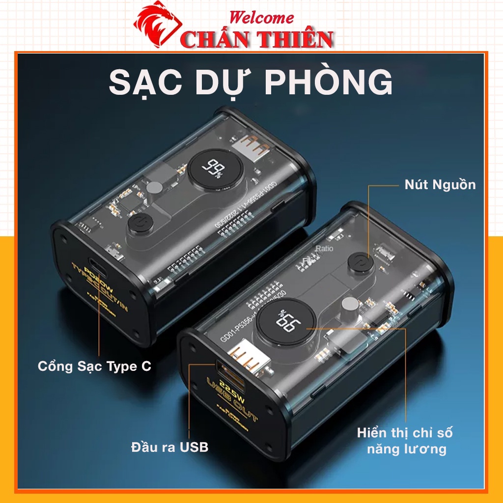Sạc dự phòng trong suốt 10000 mah có hỗ trợ sạc nhanh tương thích Android Ios PD QC bảo hành 12 tháng