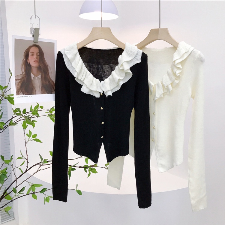 Áo cardigan Dệt Kim Cổ Thấp Lưng Cao Phối Ren Kiểu Pháp Xinh Xắn Cho Nữ