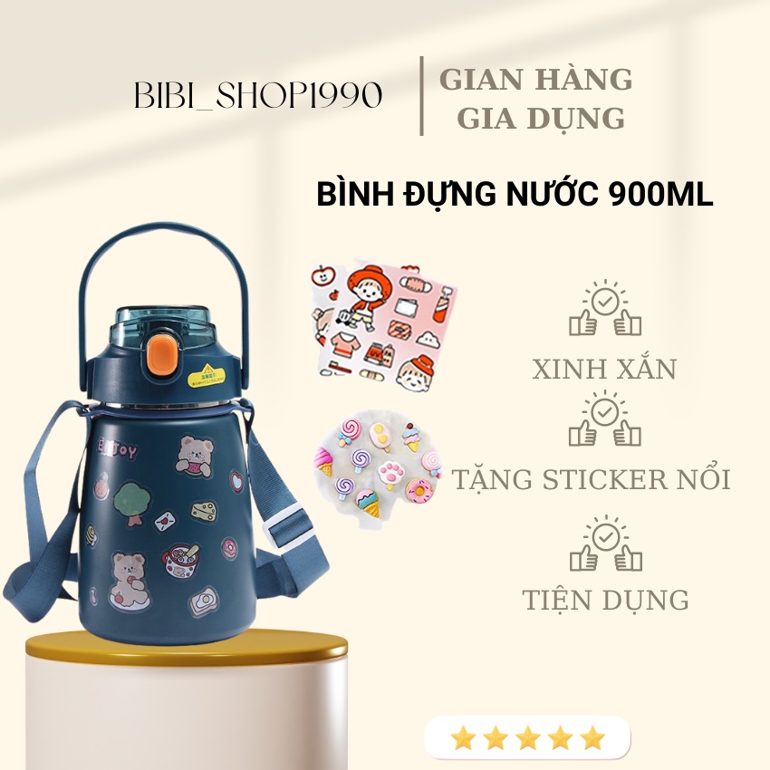 Bình nước giữ nhiệt 900ml có ống hút và dây đeo tặng kèm 2 loại sticker trang trí (B9002) bibi_SHOP1990