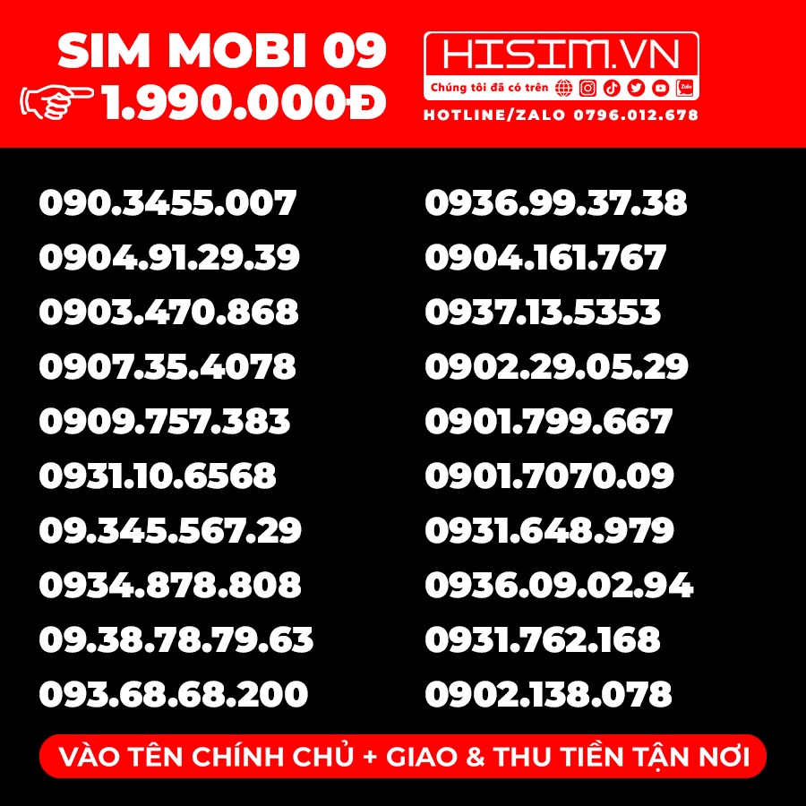 Sim Mobifone đầu số 09 đẹp đồng giá chỉ 1.900.000đ sim trả trước vào tên chính chủ | HiSim.VN
