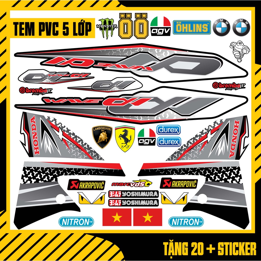 Tem Wave A 100 110cc Thiết Kế Pattern | WA05 | Team Decal Hình Dán Rời Xe Máy Wave Alpha 2006 2016 2017 2018 2019 2021
