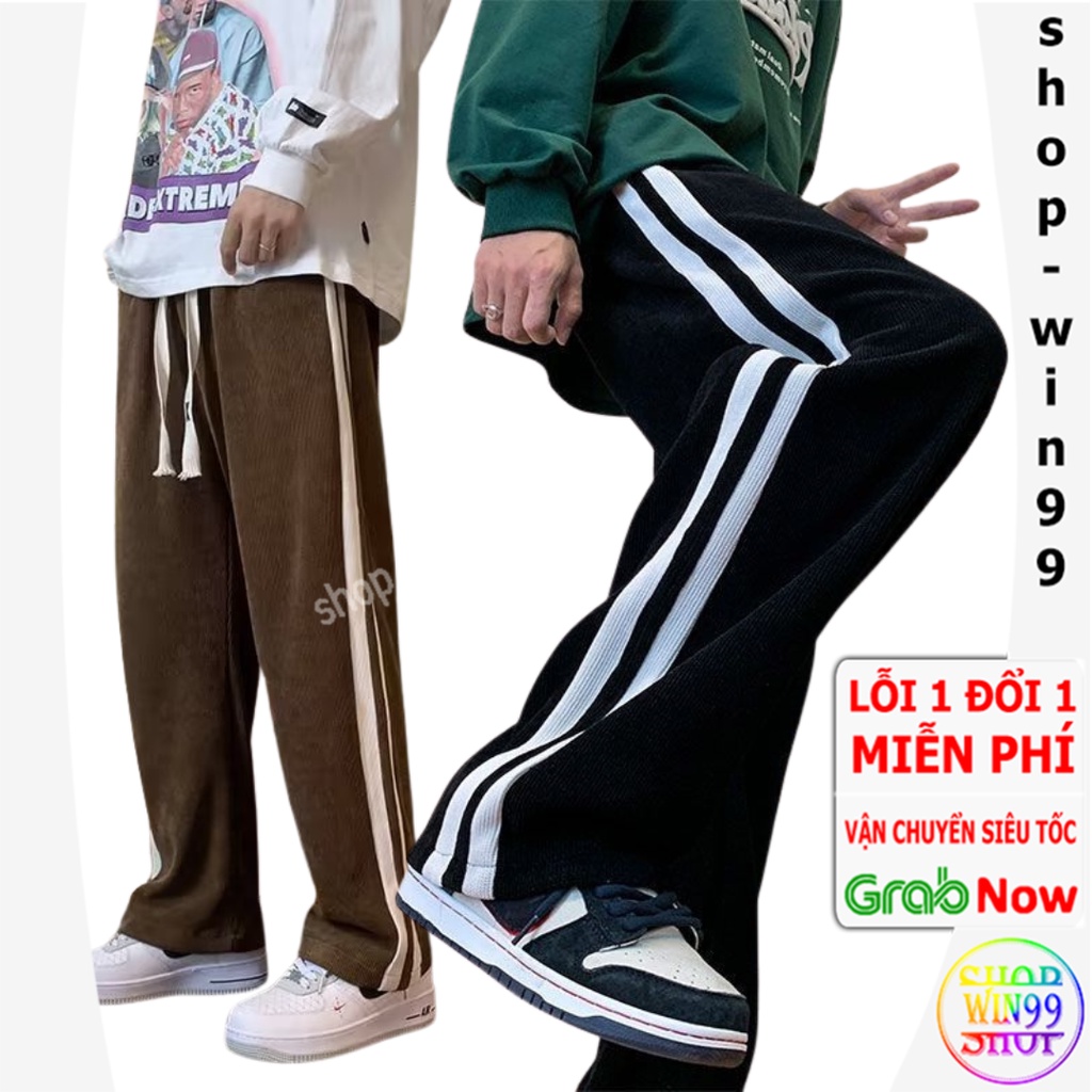 Quần dài ông rộng chất nhung tâm thu đông cao cấp  2 sọc viền from unisex nam nữ. Hình Thật thể thao.