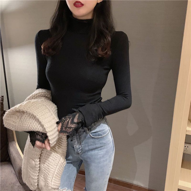 Áo Kiểu Tay Dài Cổ Cao Phối Ren Form Ôm Thời Trang Cho Nữ