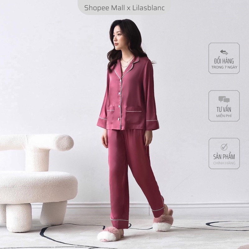 Bộ Pyjamas Nữ Mặc Nhà Áo Dài Quần Dài Chất Liệu Lụa Trơn Màu Hồng Đất Phối Viền Trắng Rosemilk LILAS BLANC