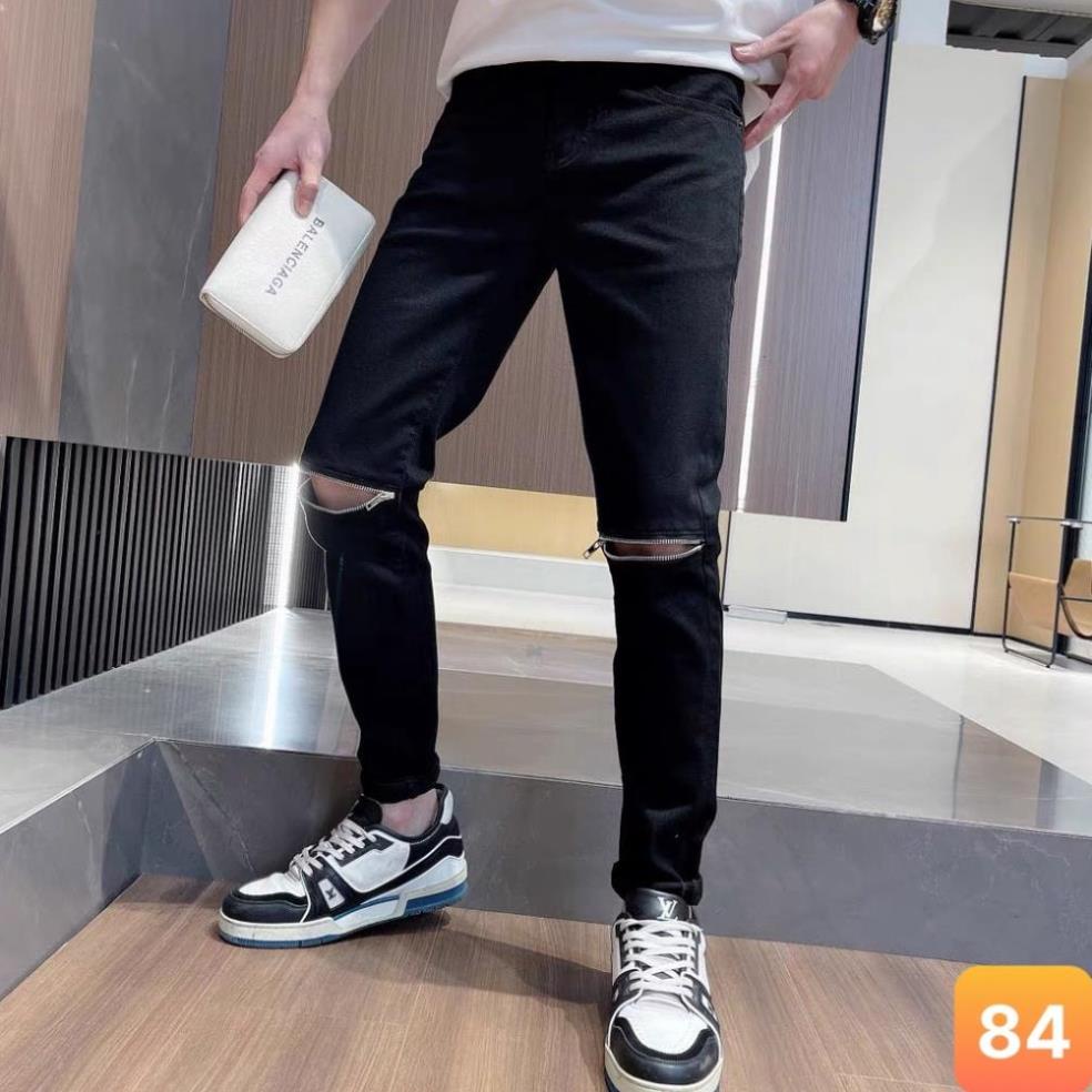 Quần jean nam màu đen trơn rách gối kéo khóa chất liệu bò jeans cao cấp co dãn 4 chiều đẹp form rin skinny LAVADO85 ! i