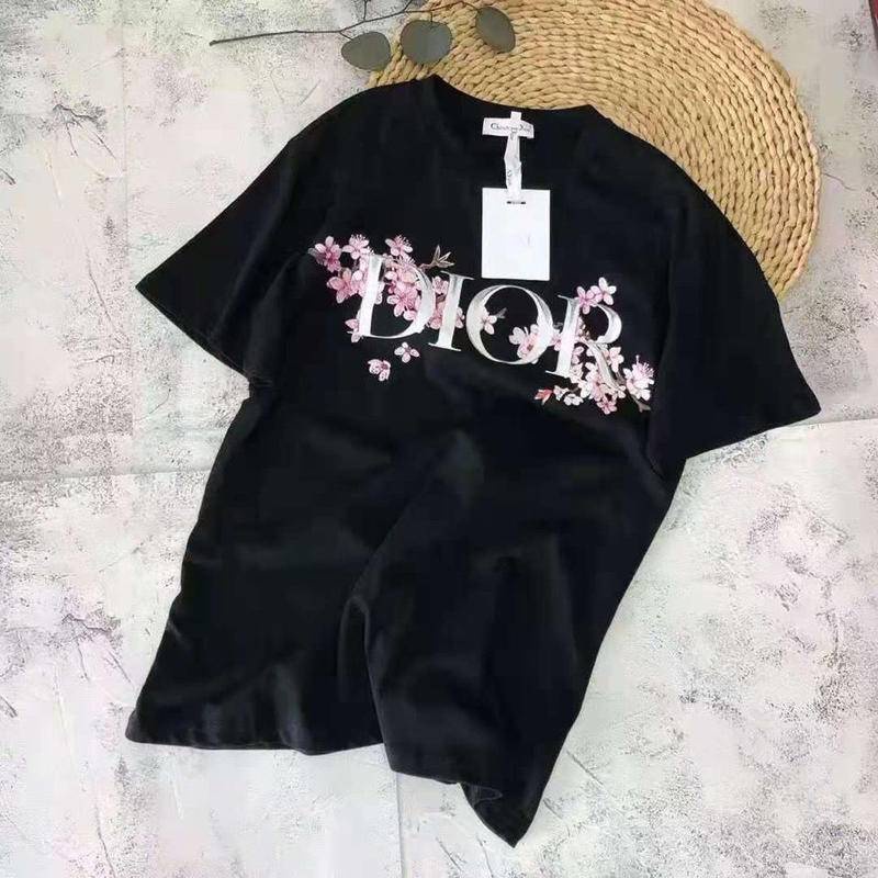 Áo Sơ Mi DIOR Vải Cotton Cổ Tròn Tay Ngắn Dáng Rộng Họa Tiết Hoa Màu Hồng Phong Cách Âu Mỹ Chất Lượng Cao Cho Nam Và Nữ