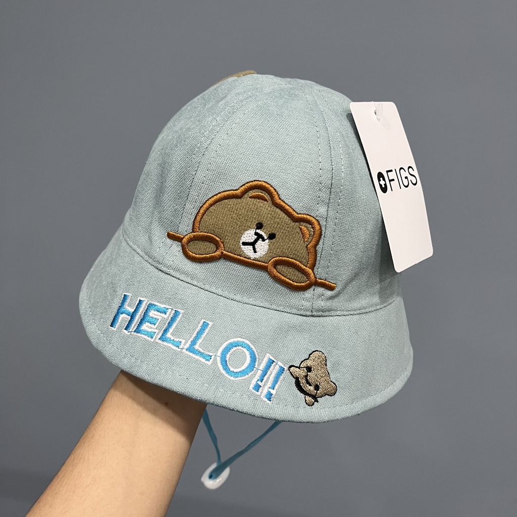 Mũ tai bèo họa tiết chú gấu hello phong cách Hàn Quốc thời trang dễ thương cho bé xanh vàng kem cam đỏ
