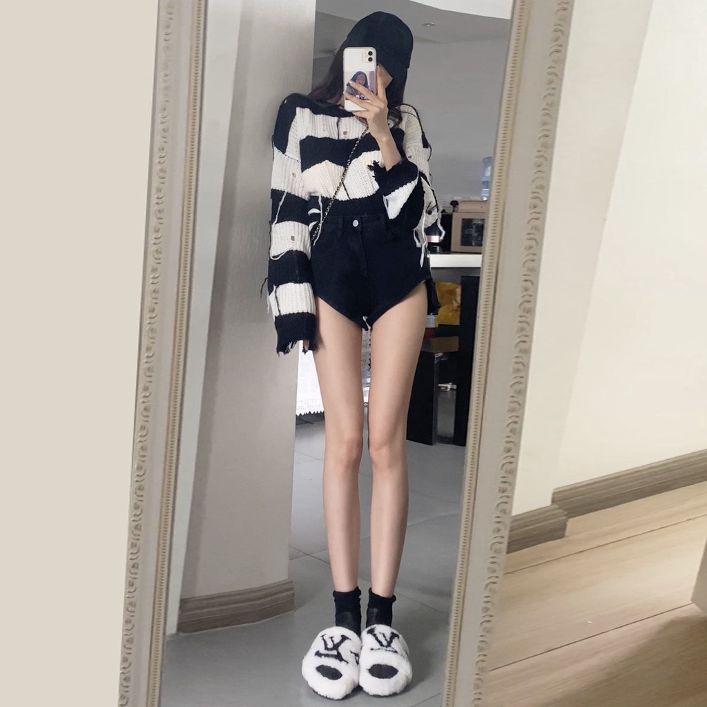 Quần Short Denim Màu Đen Lưng Cao Dáng Ôm Thời Trang Mùa Hè Cho Nữ