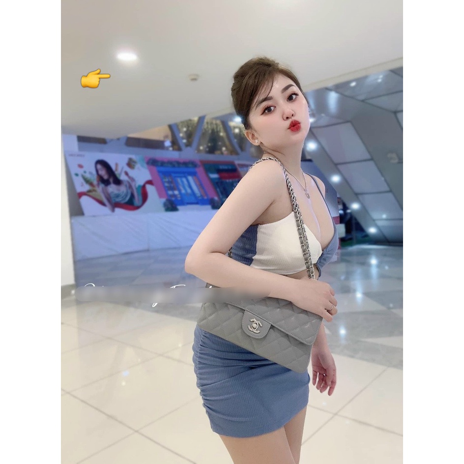 Đầm 2 dây khoen ngực phối 2 màu 2 bên ngực ôm body dáng ngắn cực xinh , chất thun gân dày dặn