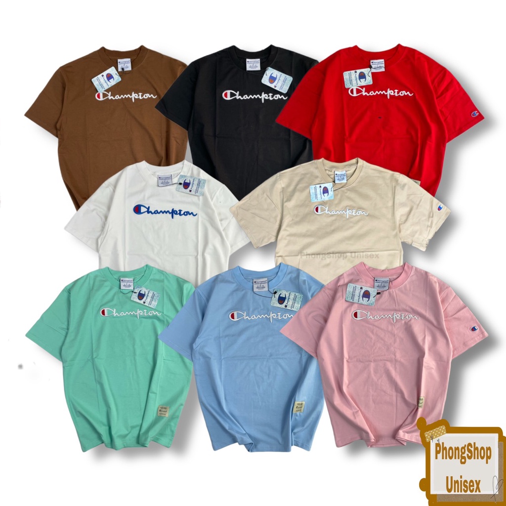 Áo thun tay lỡ Champion logo thêu 3D form rộng Oversize chất cotton
