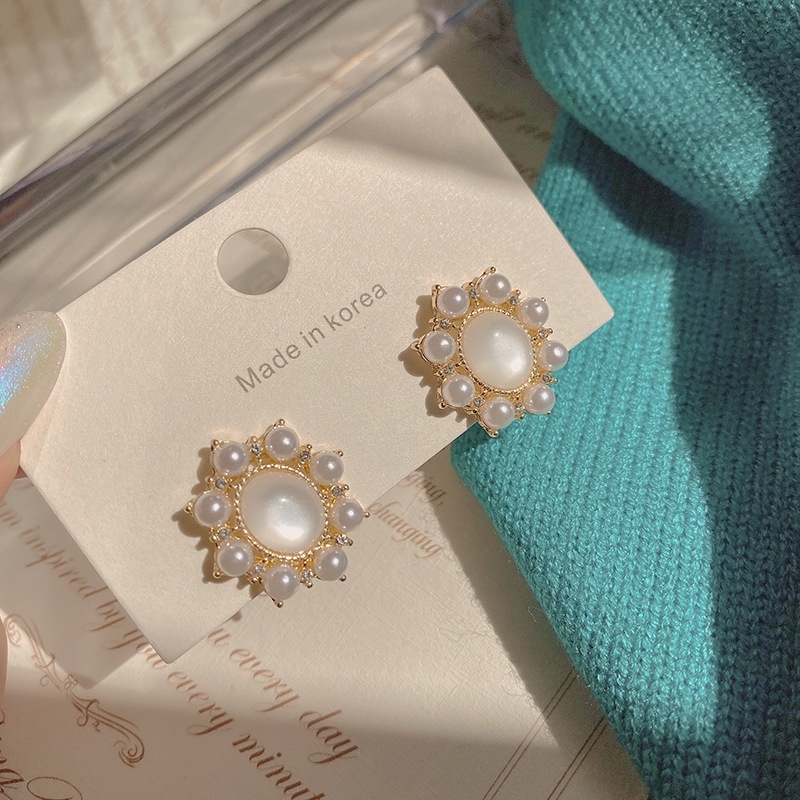Bông Tai Mạ Bạc 925 Hình Học Đính Đá Zircon Ngọc Trai Thời Trang Cho Nữ