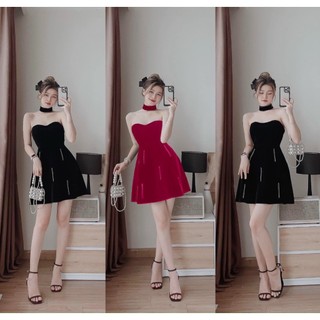 Đầm nhung cúp ngực đính cườm kèm vòng cổ đầm đi chơi tết noel bigsize Kim Ngân từ 50kg đến 100kg M/L/XL/XXL Đầm đỏ Tết