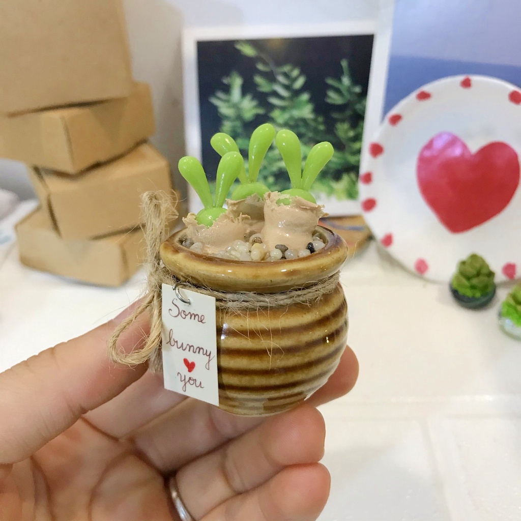 Chậu sen đá tai thỏ xanh lá cây, cây giả, sen đá đất sét handmade - thegardenofwind