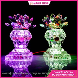 [Giá một cặp] Đèn Thờ Hoa Sen PHA LÊ Nguyên Khối Cao 16cm Phát Sáng Toàn Thân LED Tự Đổi Màu, Đèn Bàn Thờ Đẹp [MRHT46]